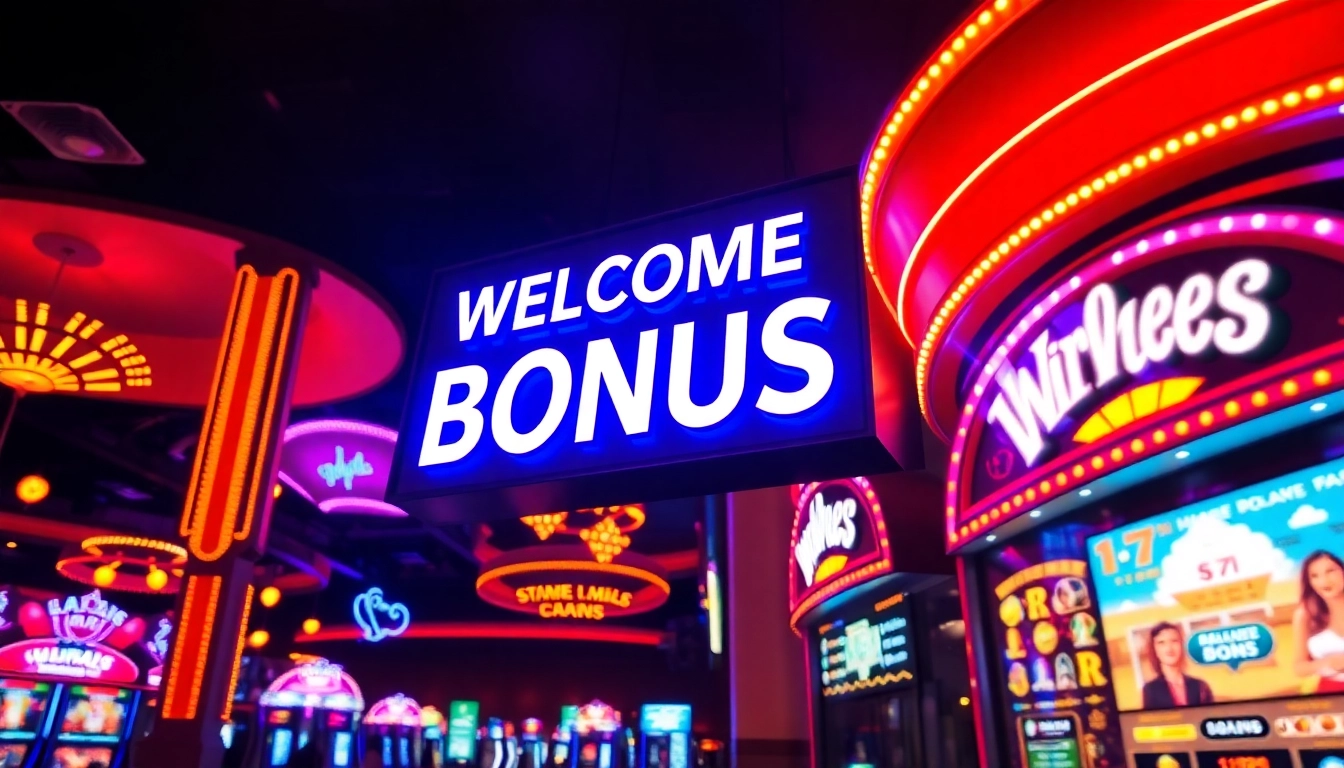 Catch exciting welcome bonus promotional signs in vibrant casino ambiance.