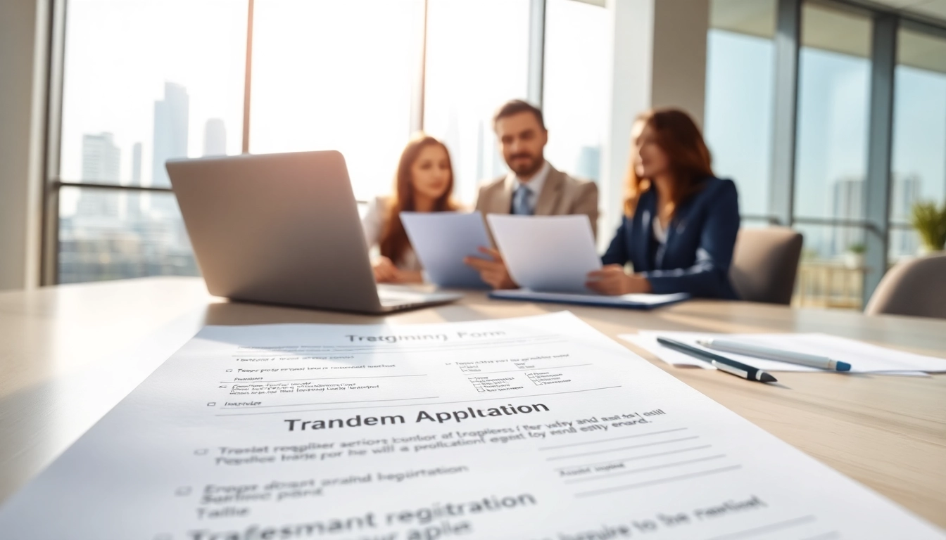 Complete trademark registration in Dubai with professionals discussing applications and paperwork.