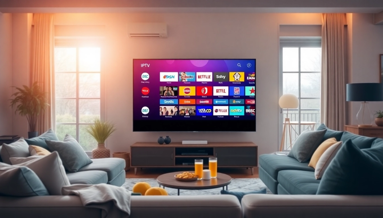 Showcase of IPTV services on a smart TV in a cozy living room setting.