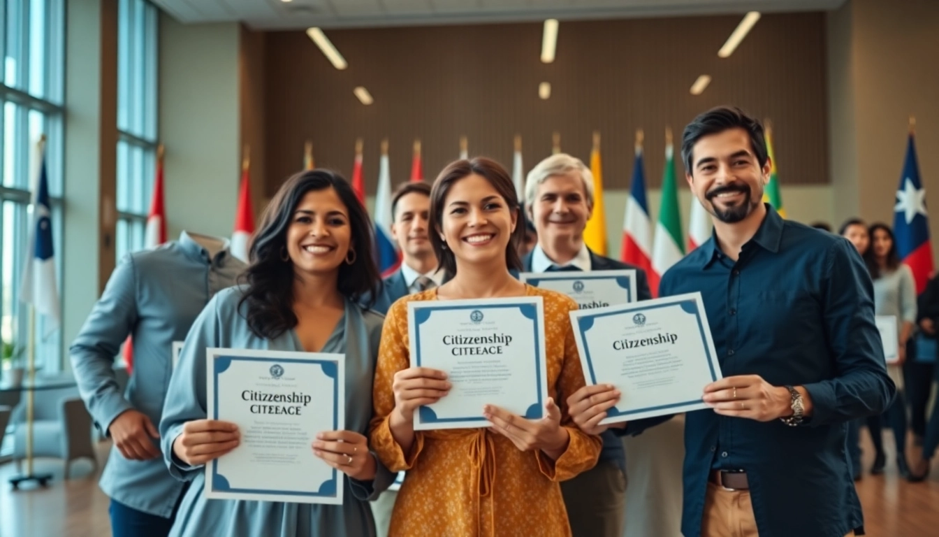 Ceremony celebrating ciudadania with diverse families joyfully holding citizenship certificates