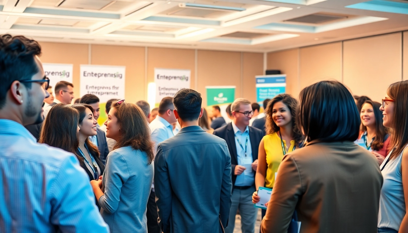 Networking professionals engage in conversation in a bright, modern conference setting.