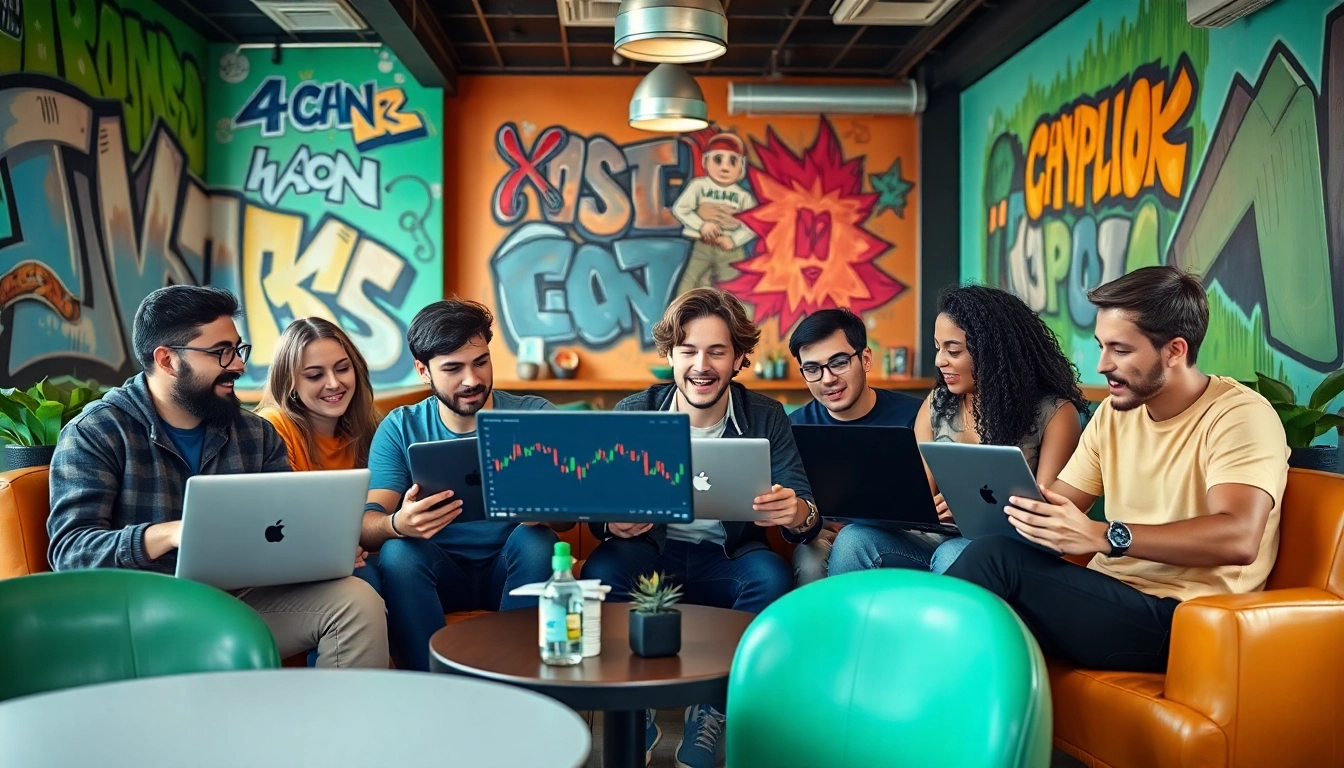 Engaged 4chan crypto bros analyzing market trends in a trendy café setting.