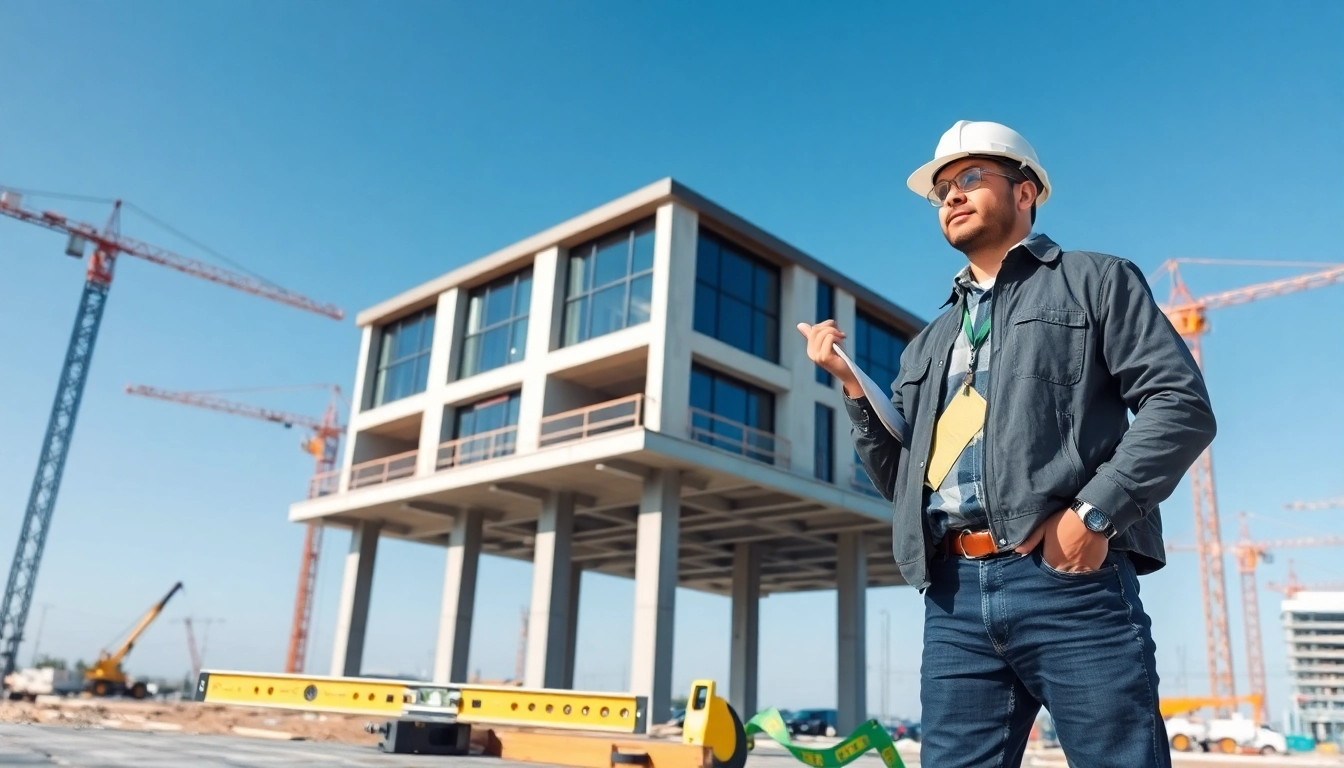 Inspecting an elevate building site, highlighting construction tools and modern raised structures.