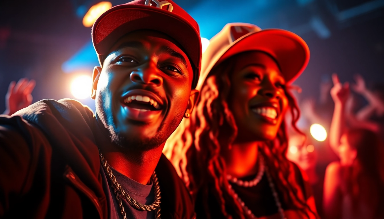 Chicago hip-hop artists performing energetically on stage amid a vibrant cheering crowd.