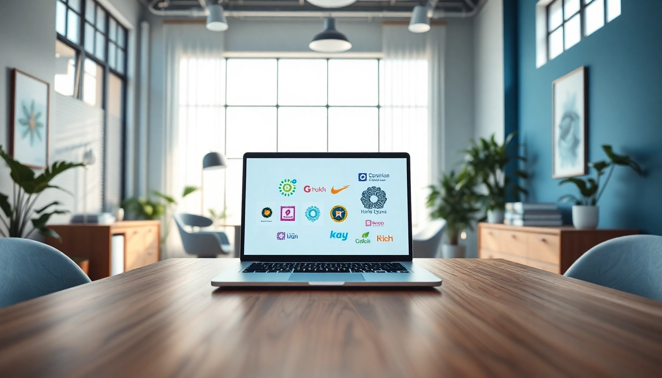 Visual of AI-powered branding services showcasing a modern workspace with logo design on a laptop screen.
