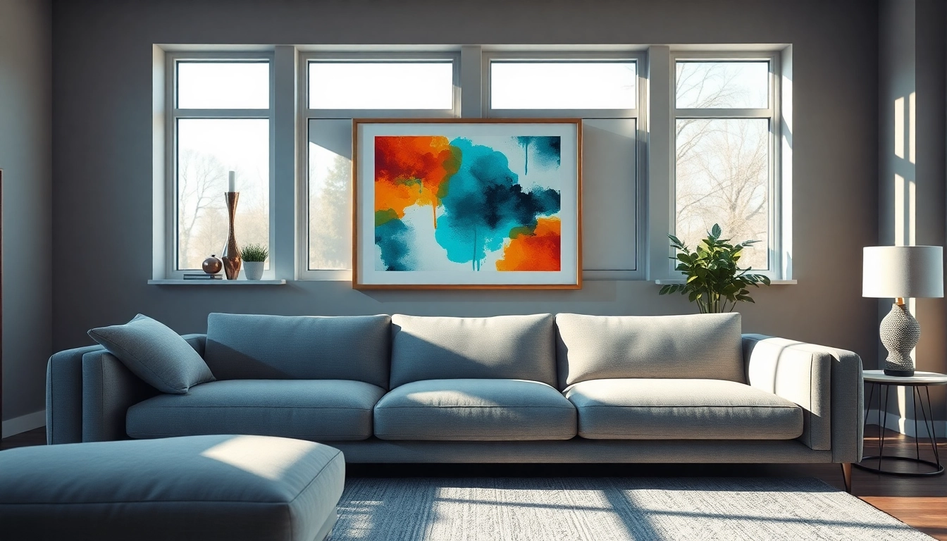 Enhance your decor with modern design picture frames that spotlight vibrant artwork in a stylish room.