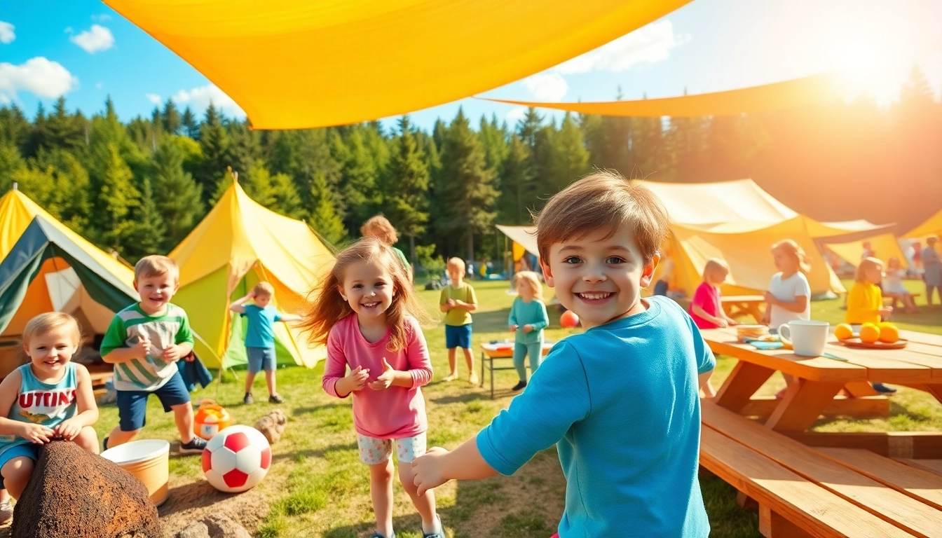 Families enjoying fun activities at holiday camps under a sunny sky.