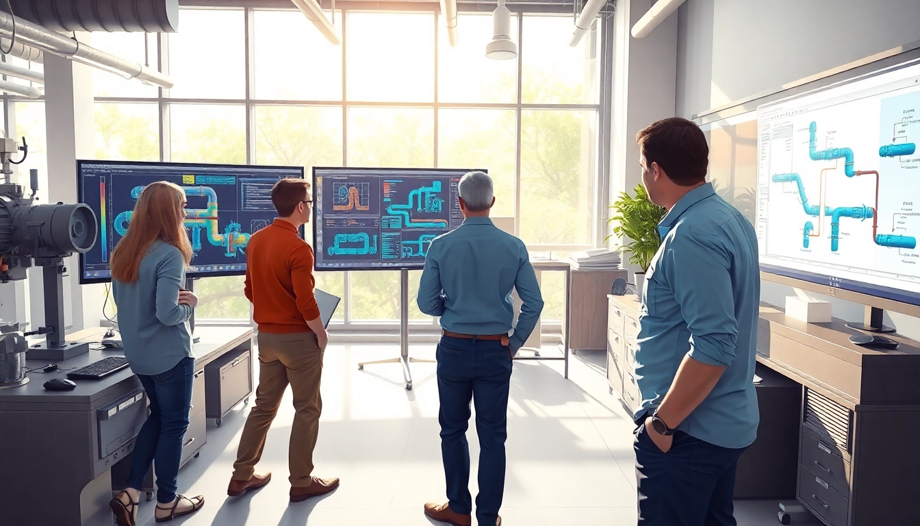 Pipe stress analysis company professionals analyzing intricate piping system designs in an office.