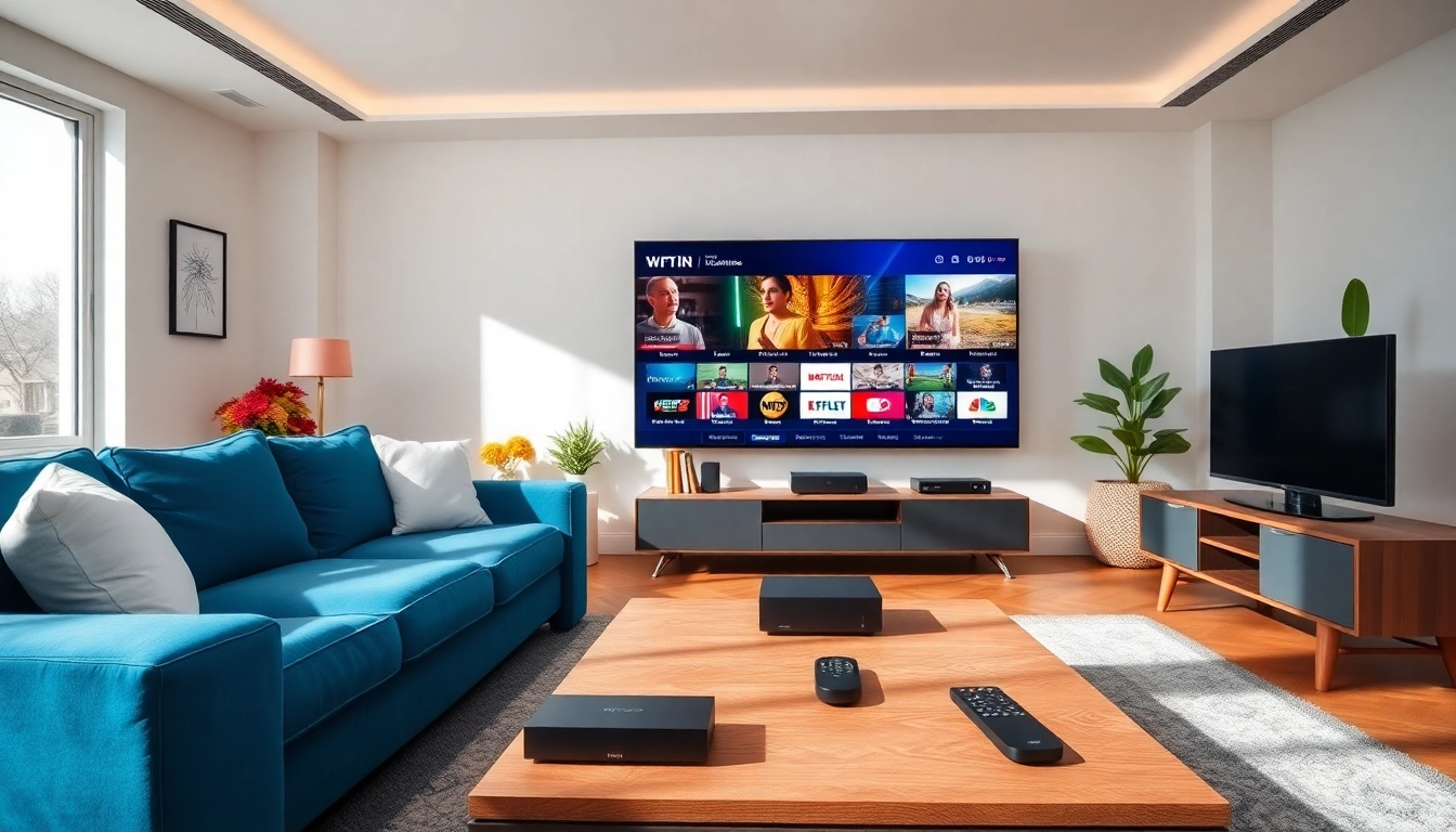 Experience an iptv demo account setup in a cozy, modern living room with vibrant decor.