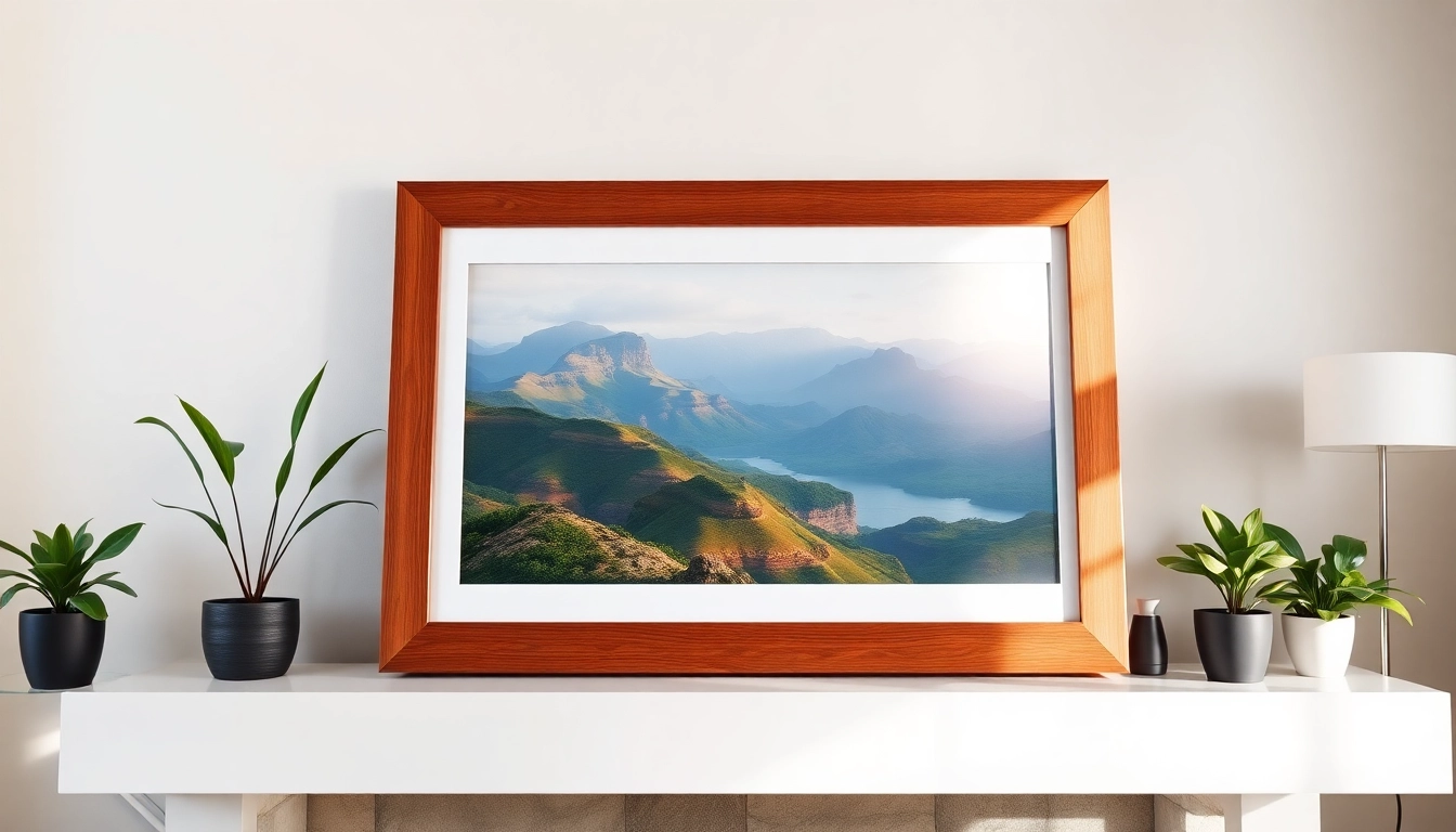 Showcase a vibrant landscape photo in a 24x36 frame on a stylish mantel.