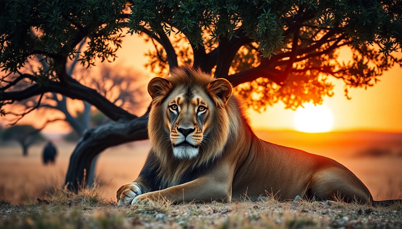 Observe the tranquility of a lion in the sunset at www.sudswild.com nature scene.