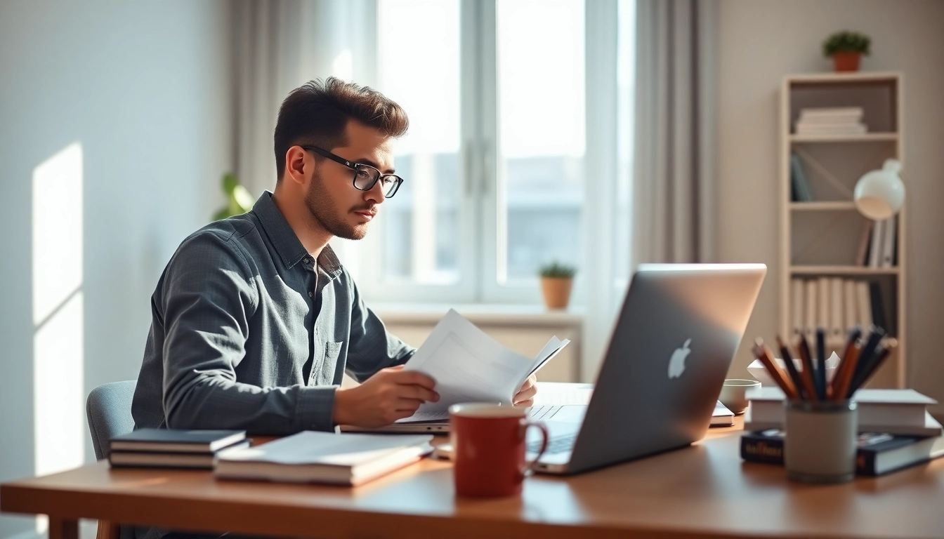 Buy distance learning masters degree with focused student studying in a bright home office.