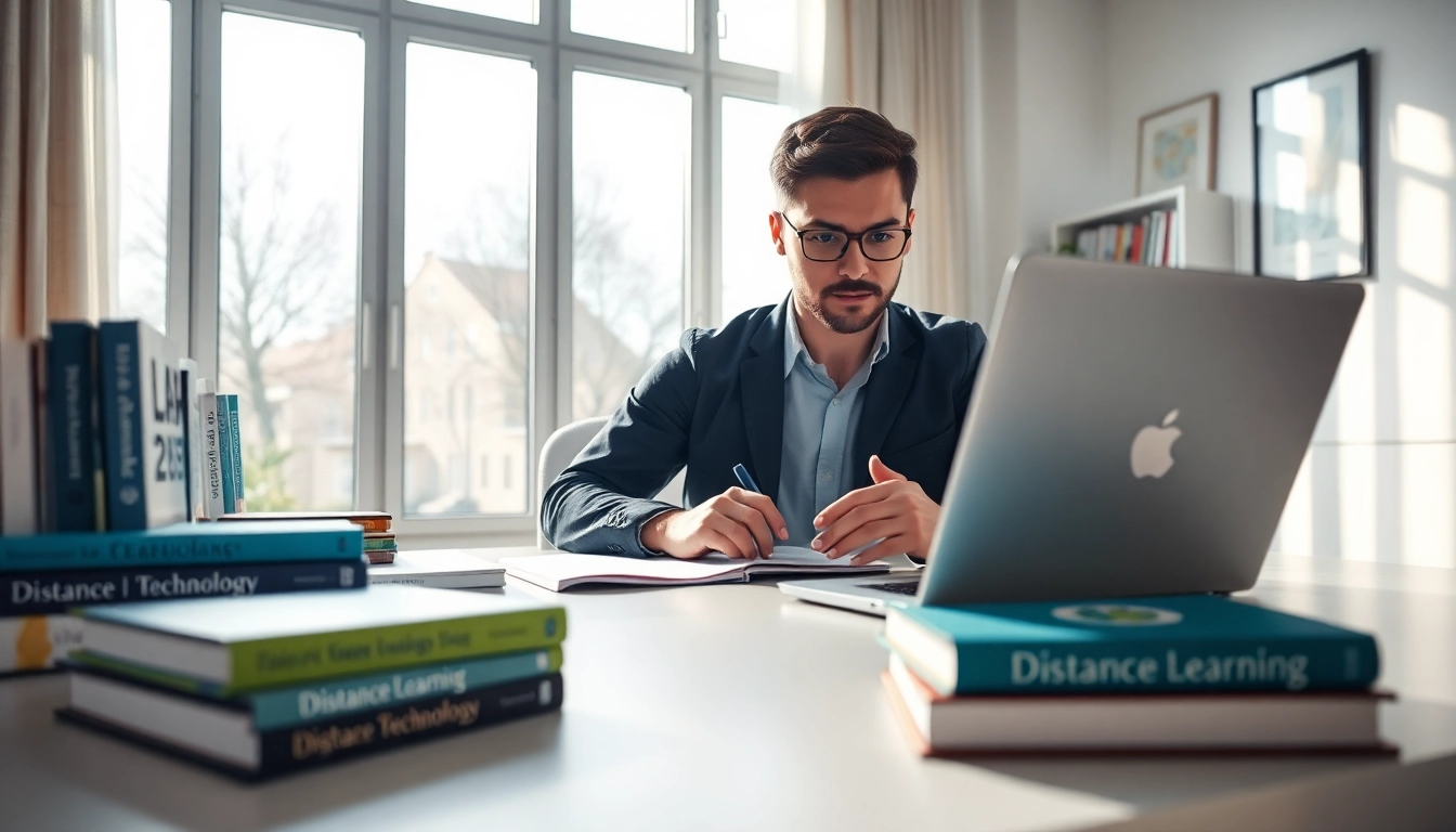 Buy distance learning masters degree with a dedicated student studying in a modern home office.