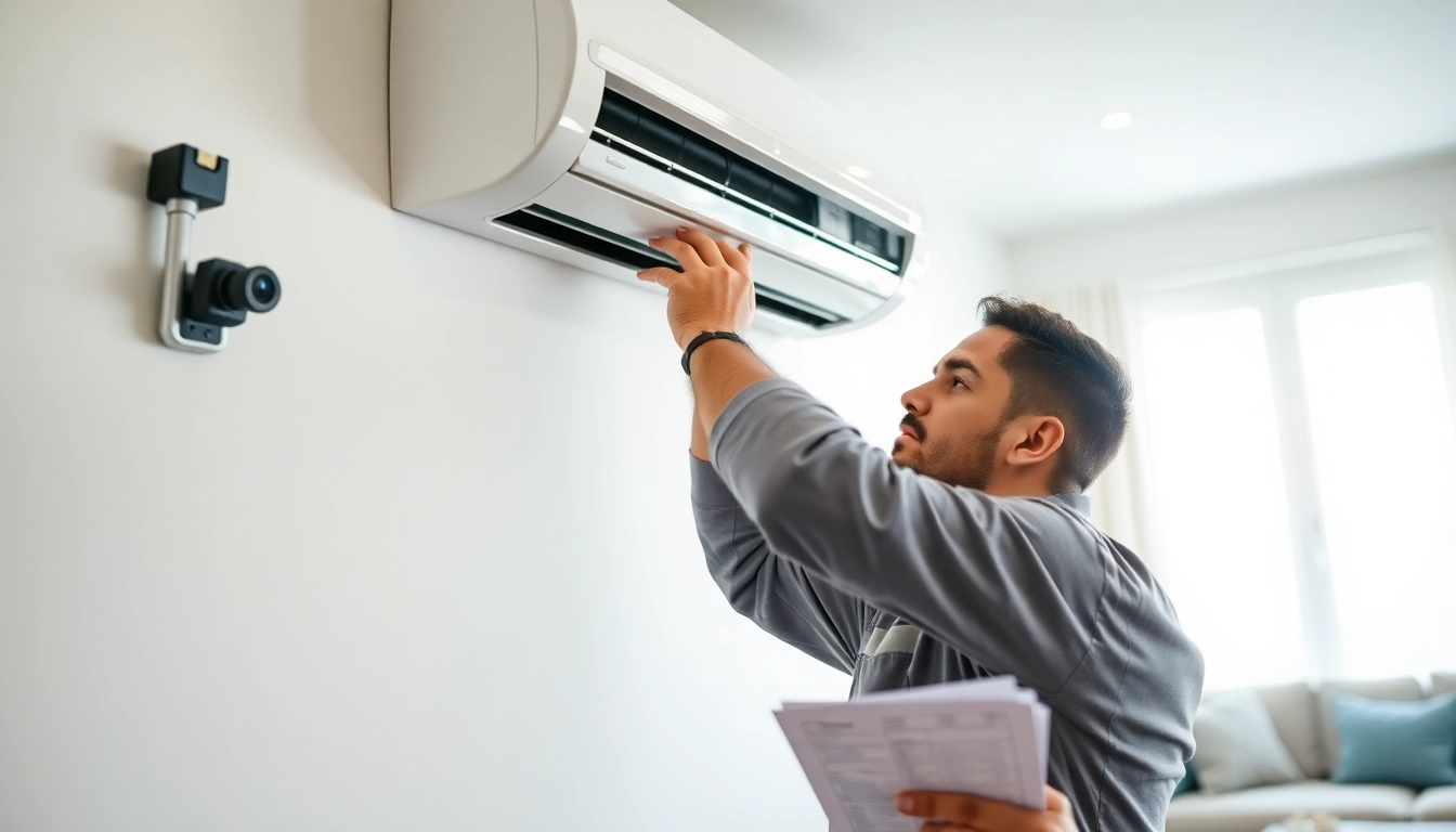 HVAC services Los Angeles technician expertly repairing an air conditioning unit in a bright, modern home setting.