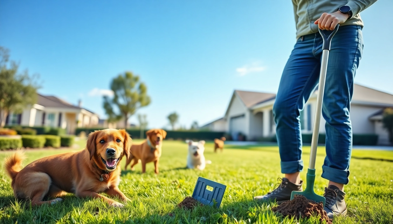 Alamo Ranch poop scooper smiling while cleaning a pet-friendly yard filled with happy dogs.