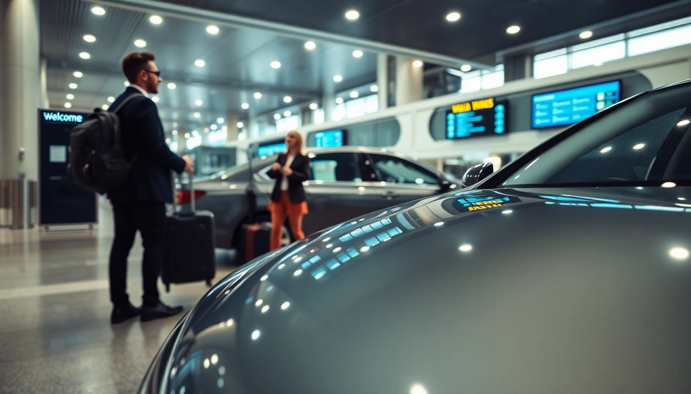 Experience premium car rental services with a luxury sedan welcoming passengers at the airport.