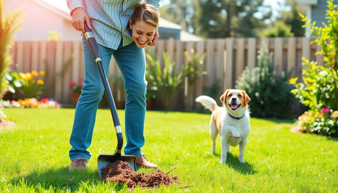 Owner shows how to clean up dog poop in a green backyard with a pooper scooper.