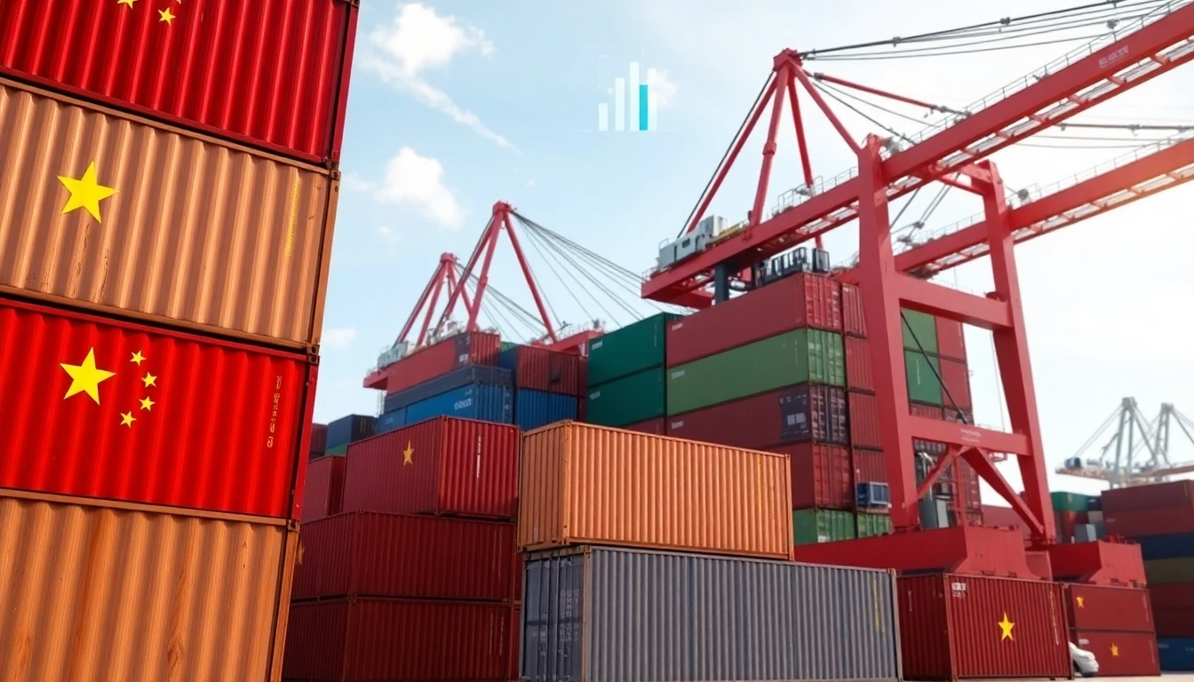 Visual representation of import tariffs china with shipping containers and cranes at a busy port.