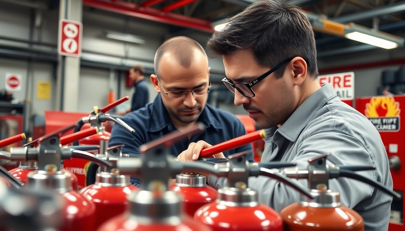 Fire extinguisher servicing Birmingham by a professional technician in a safety-focused environment.