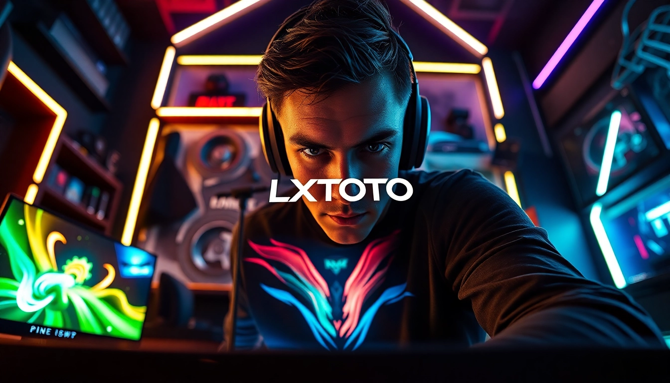 Permainan LXTOTO dinamis dengan gamer yang bersemangat di ruangan modern.