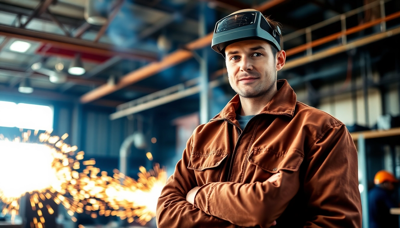 Welder using a welding jacket, showcasing durability and safety in a workshop setting.