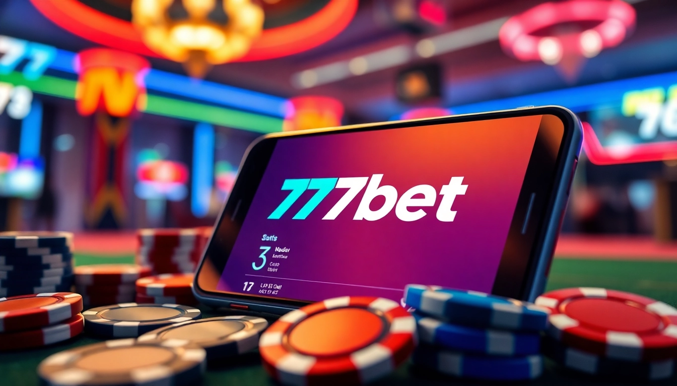 Engaging display of the 77bet app on a smartphone surrounded by casino elements