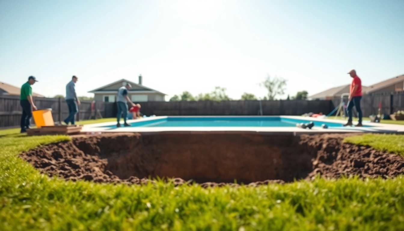 Swimming pool installation teamwork demonstrated in a beautiful backyard setting.