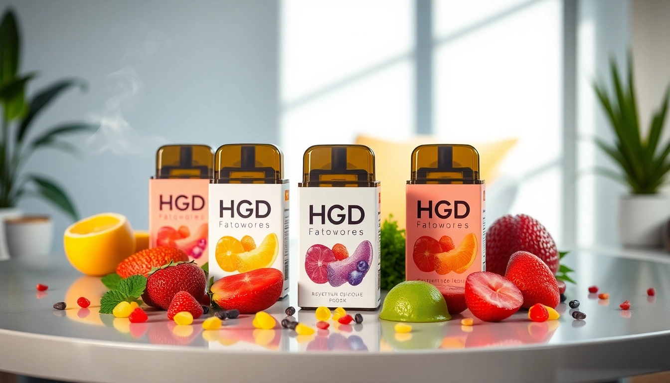 Hqd pods in various flavors beautifully arranged on a modern table, enhancing the vaping experience.