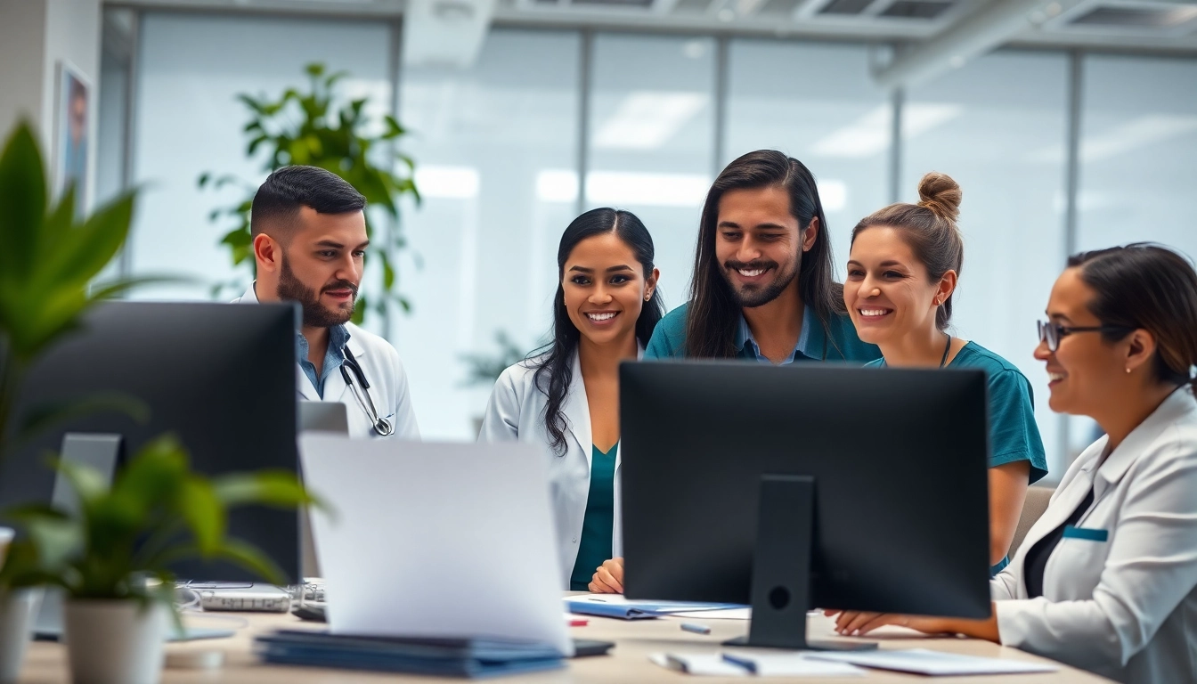 Engaged healthcare support service professionals collaborating in a welcoming office.