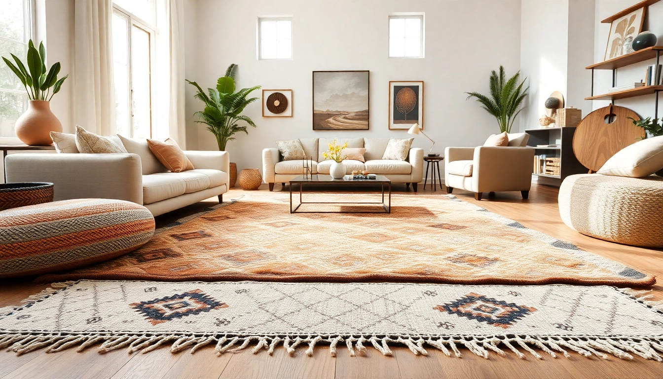 Beni Ourain rugs elegantly accentuated in a modern living room setup, showcasing their rich patterns.