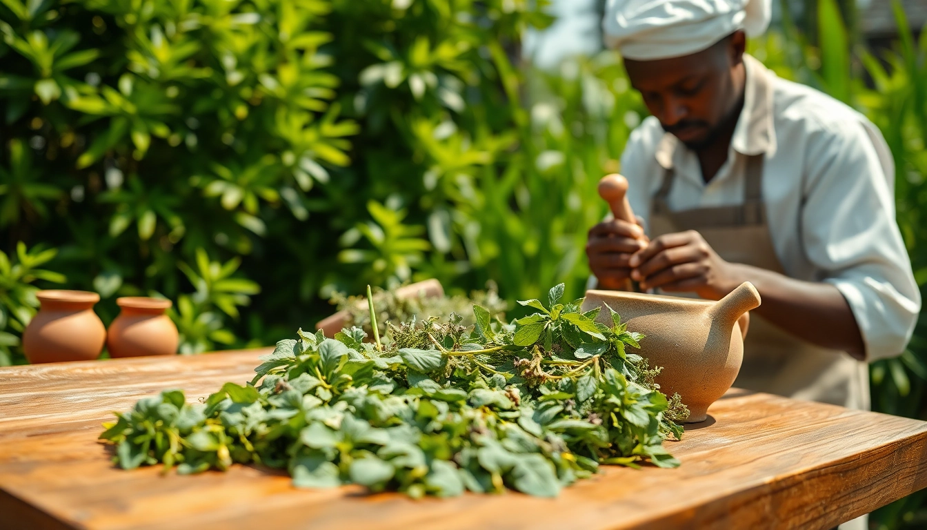 Herbalist crafting louban dakar in a tranquil botanical garden with rich greenery.