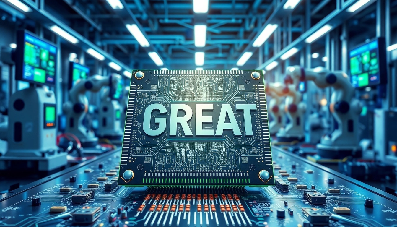 Highlighting the GREAT microchip in a cutting-edge manufacturing facility with detailed circuits.