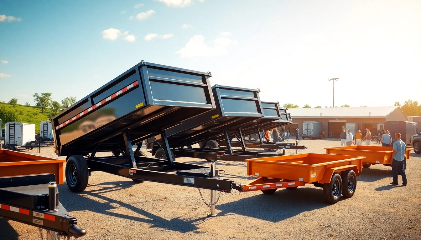 Search for dump trailers for sale near me, featuring a selection of high-quality models at a lively outdoor dealership.