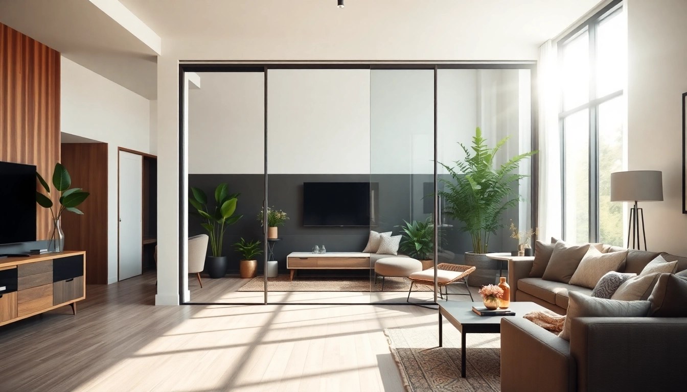 Elegant sliding partition wall effectively divides space, enhancing modern living area.