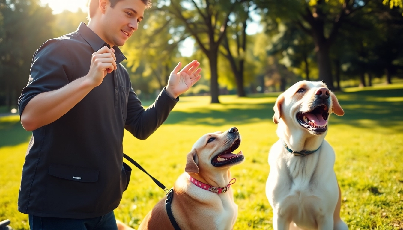 Engaging dog training Irvine session with a trainer teaching commands to a Labrador, sunny outdoor setting.