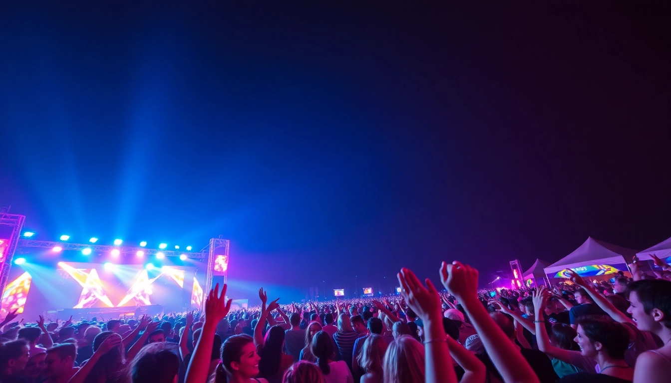 Celebrate music at 汽水音乐官网 with a lively festival scene showcasing vibrant lights and dancing crowds.