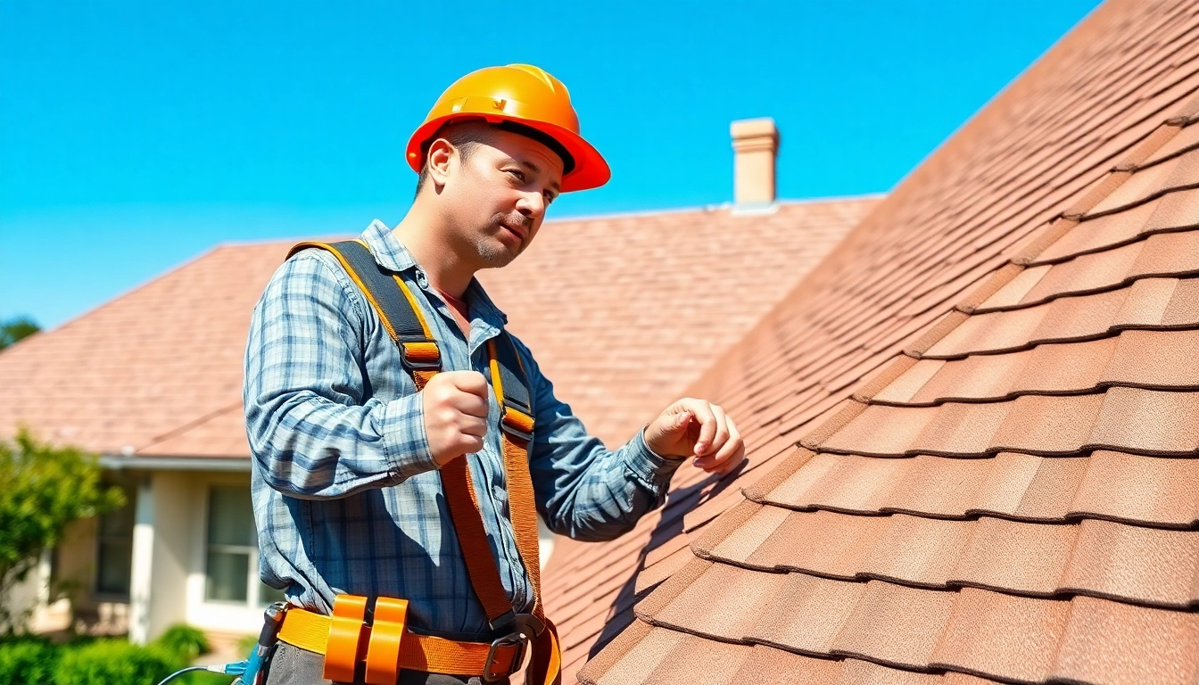 Conducting a roof inspection Austin with a professional inspecting a residential home.