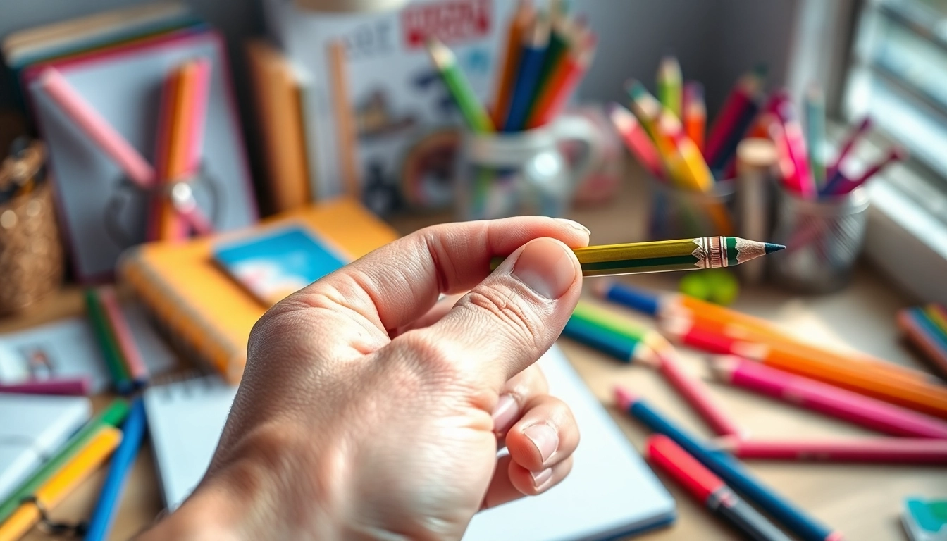 Holding an easy grip pencil showcases its ergonomic design and smooth texture.