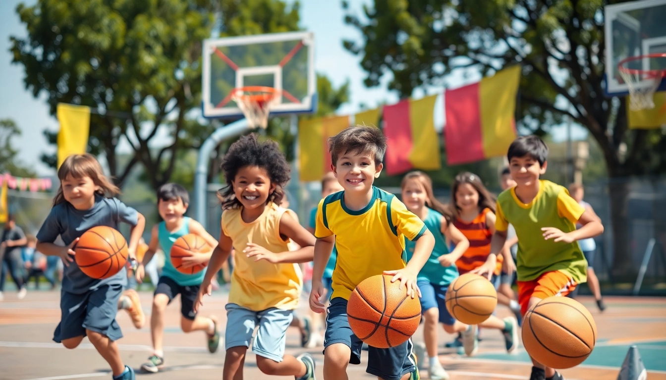 Young basketball enthusiasts playing energetically outdoors, showcasing skills and joyful interactions.