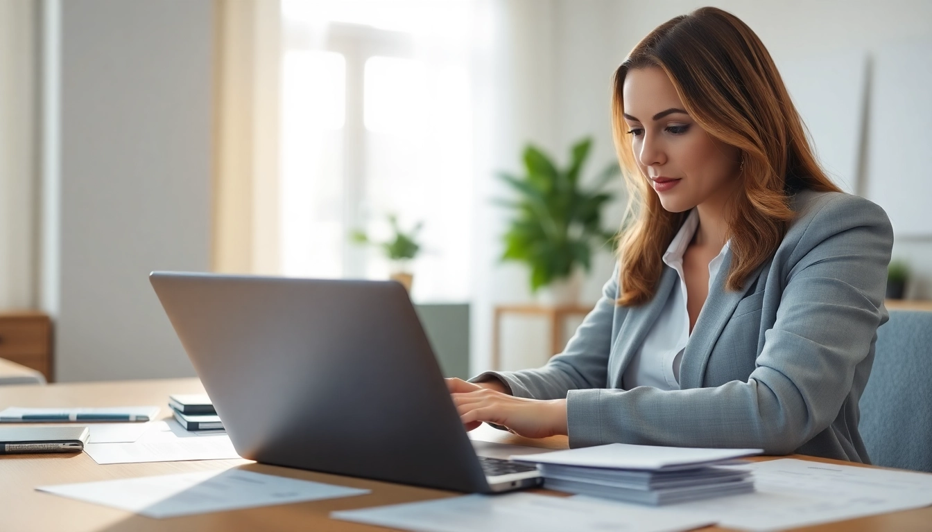Engaged professional using an online trademark registration platform in a modern office.