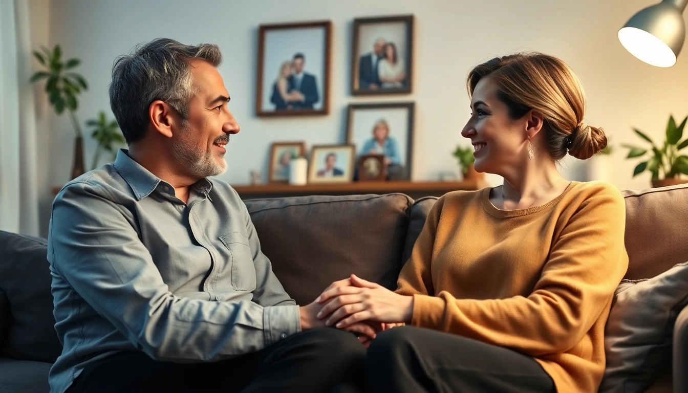 Couple practicing communication in relationships in a cozy living room, showcasing emotional connection.