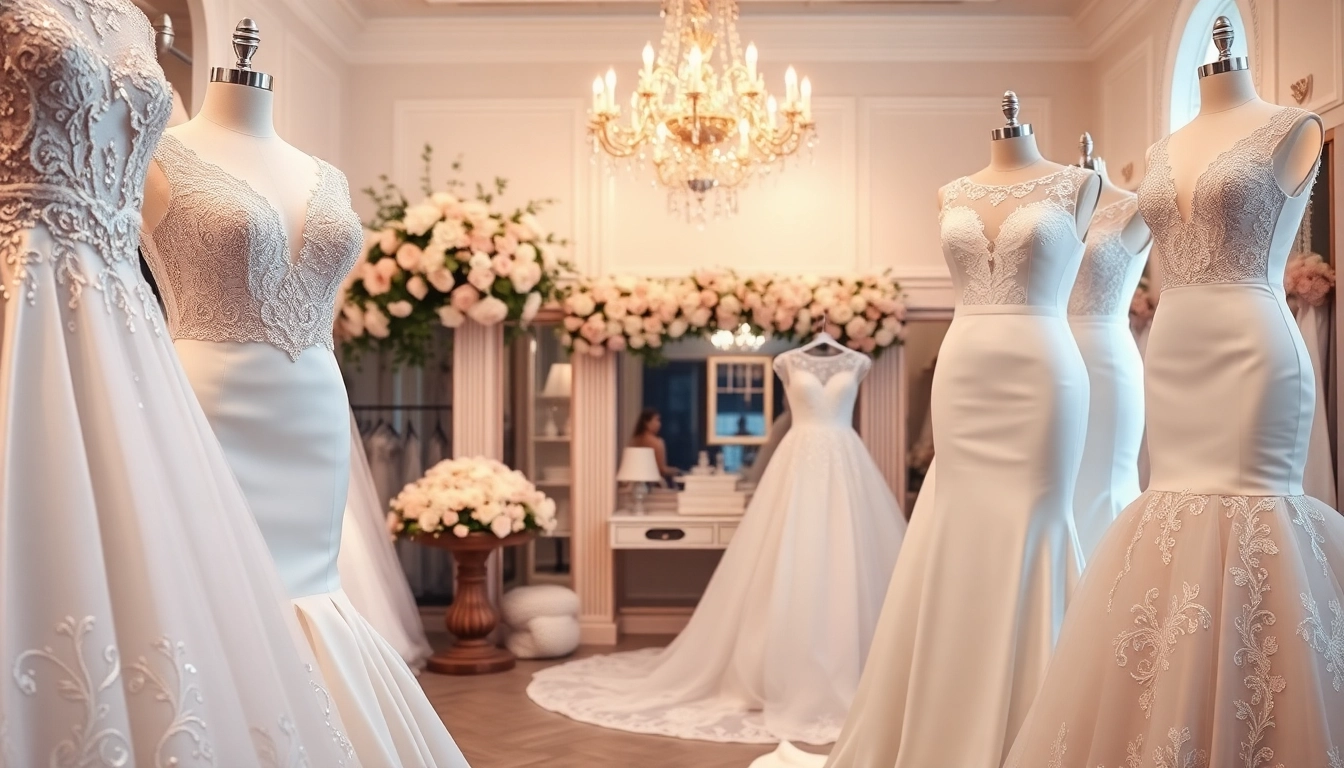 Showcase of stunning mermaid wedding dresses adorned with lace and sequins in a stylish bridal boutique.