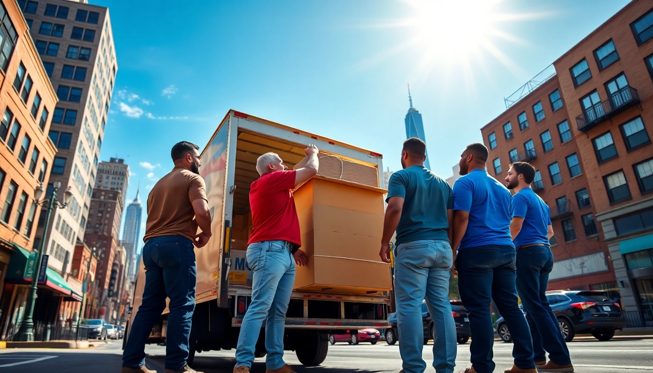 Bronx movers efficiently loading a truck amidst the Bronx skyline cityscape.