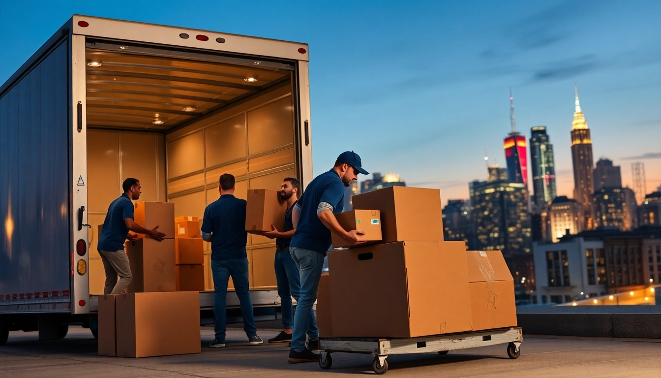 Efficient Bronx movers loading items into a truck with a skyline backdrop, showcasing teamwork.