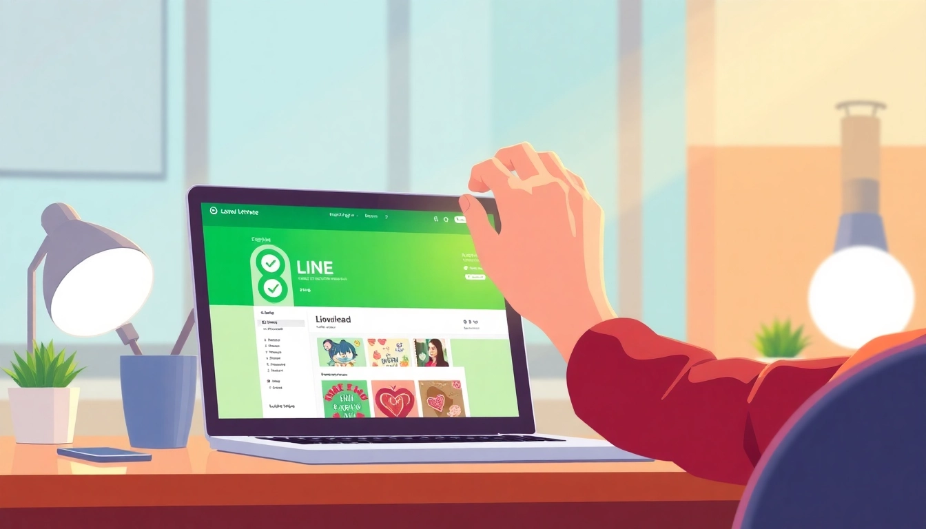 Downloading 電腦版line下載 on a laptop in a bright workspace with a modern design.
