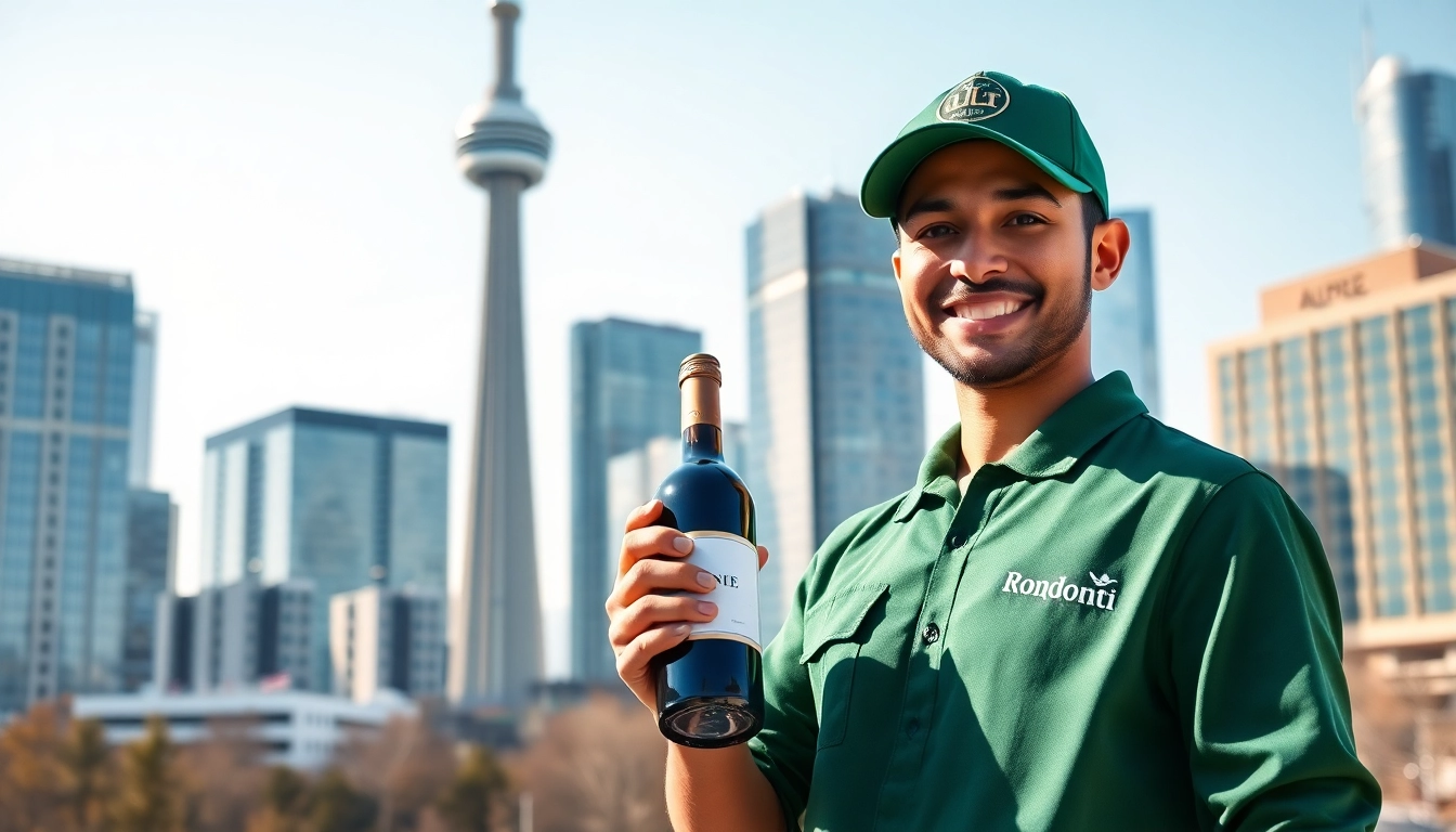 Experience quick lcbo delivery Toronto with a friendly delivery person showcasing quality service in a vibrant urban setting.