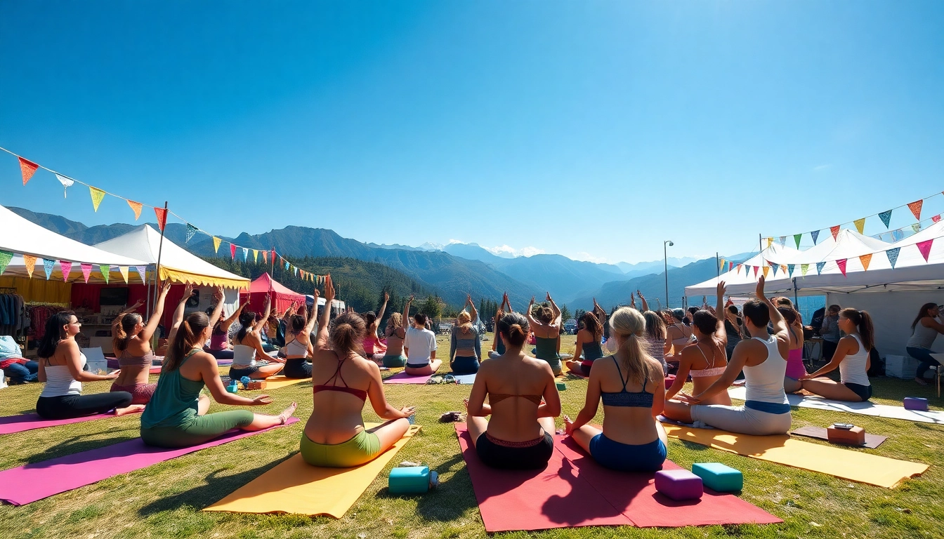 Enjoying yoga festivals in a vibrant outdoor setting surrounded by mountains and joyful participants.