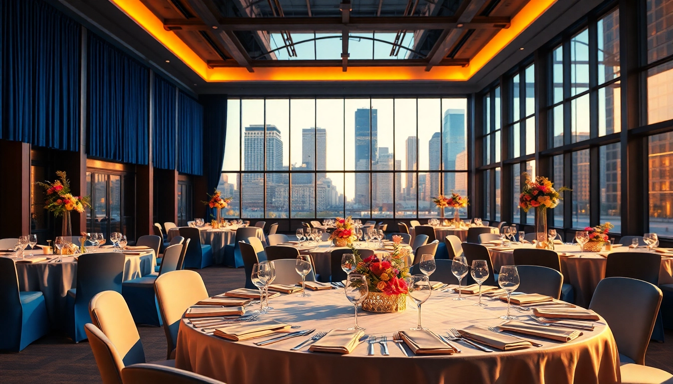 Highlight city venue event center with elegant decorations for hosting memorable events.