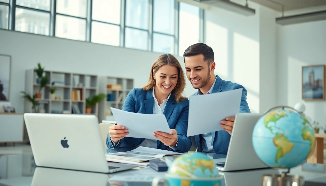 Reviewing documents for International real estate advice in a modern office setting