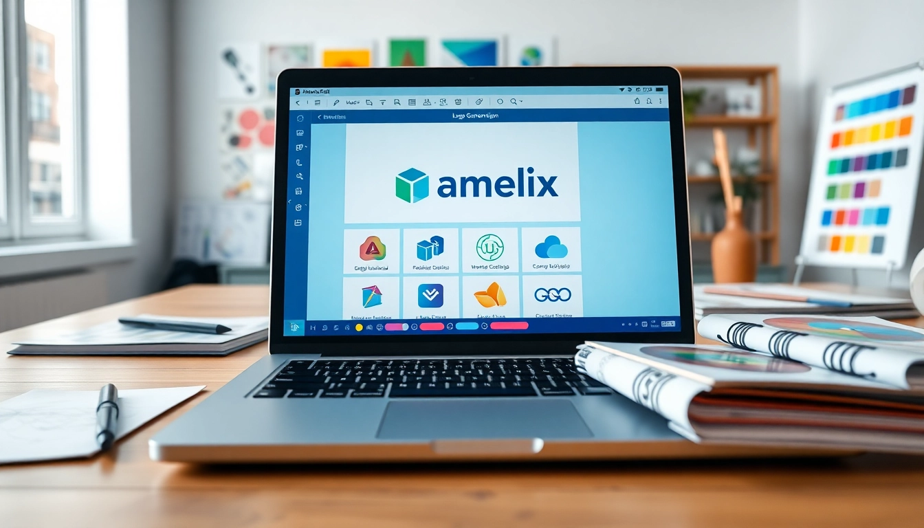 Creating unique logos with the namelix app interface displayed on a modern laptop design.